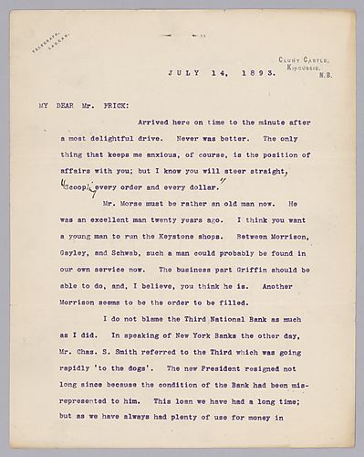Carnegie writes from Cluny Castle, [Scotland] on management of the Keystone shops, the Reno loan situation, and armor production advancements. In a handwritten post-script, he asks about rail production and competition and then gives his strategy to get a