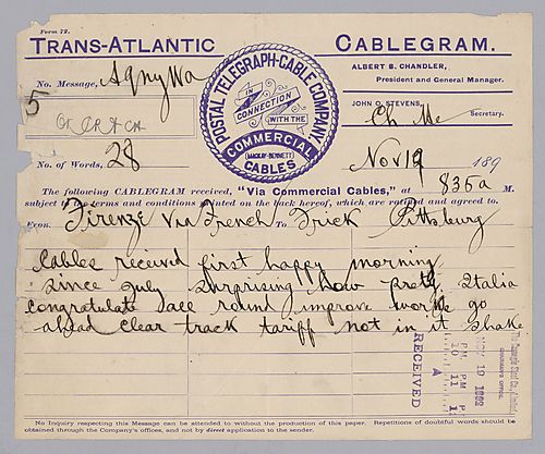 Carnegie writes from Firenze, [Italy] on his joy over the end of the strike and congratulates everyone