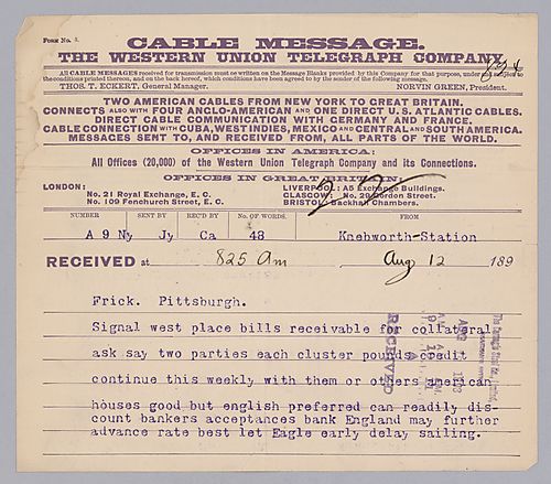 Carnegie writes from Knebworth-Station, [Scotland] to tell Frick to get collateral in order for English loans