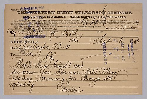 Carnegie writes from Burlington, [Vt.] to give his trip itinerary