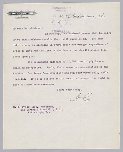 Carnegie writes from New York, [N.Y.] on continuing to scoop orders to keep the mills running full