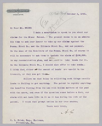 Carnegie writes from New York, [N.Y.] on collecting on patents for their mixer from the Illinois Steel Company and the Pennsylvania Steel Company