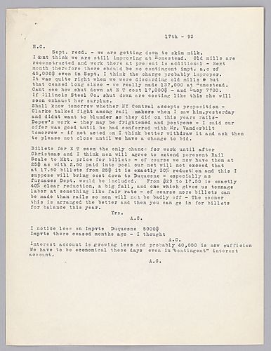 Carnegie writes on the mill situation at Homestead and on the wage and billet situation at Edgar Thomson