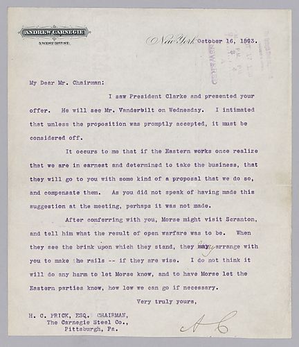 Carnegie writes from New York, [N.Y.] on the steps toward moving into business wars with Scranton and Chicago