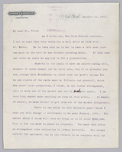 Carnegie writes from New York, [N.Y.] on the depression and that rails are not being sold as well as the need to collect on patents