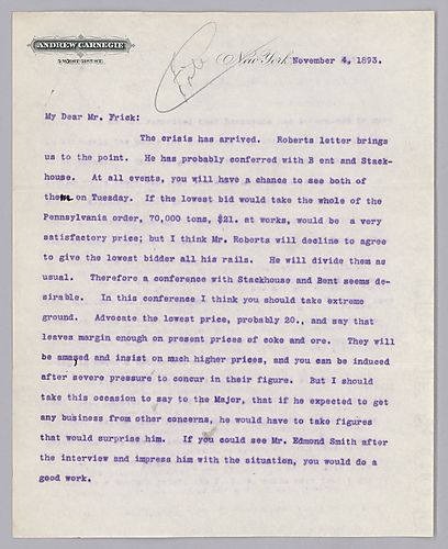 Carnegie writes from New York, [NY.] on dealings with Scranton and Pennsylvania Steel Companies that will benefit his interests in the eastern markets