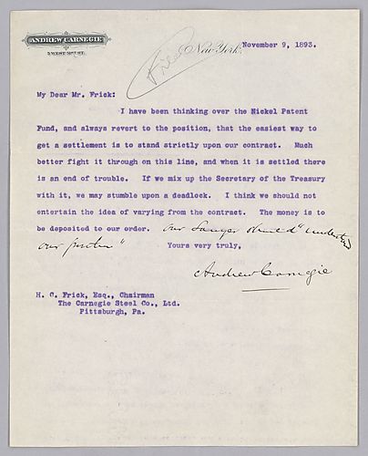 Carnegie writes from New York, [N.Y.] to say that seeking patent royalties should be based only on the original contract