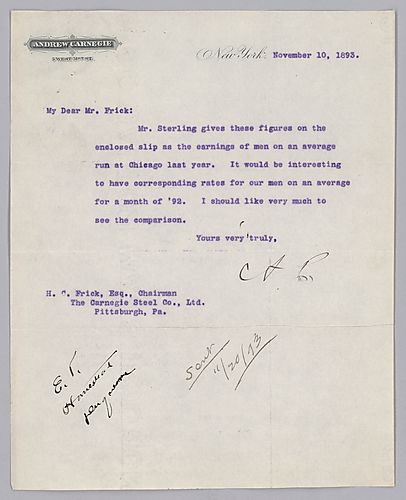 Carnegie writes from New York, [N.Y.] on the earnings of men on an average run at Chicago for the previous year. Also included is a newspaper clipping on the Silver/Sherman Act