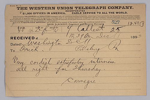 Carnegie writes from Washington D.C. to say his interview was cordial