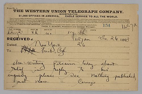 Carnegie writes from New York, [N.Y.] that he will write Pitcairn and he instructs Frick not to let anything be published