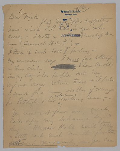 Carnegie writes on the need to give money to Pittsburgh, Frick's loan and other financial agreements, and his apology for letting private information slip though blaming editors for distorting the truth
