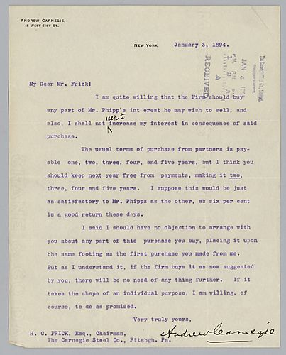 Writing from New York, Carnegie discusses the purchase of Mr. Phipps interest as a partner