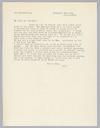 Carnegie discusses and also councils Frick on a financial situation involving loans and government payments to the company