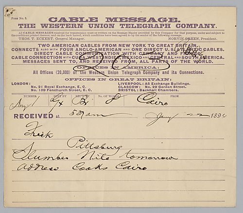 Writing from Cairo, [Egypt], [Carnegie] says, "Slumber Nile tomorrow address Cooks Cairo."