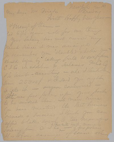 Carnegie agrees to increase Frick's salary, however, he disagrees with Frick's request to reduce the interest on a loan. He discusses the interchange of stock and the consolidation of the Frick Coke Company and Carnegie Brothers and Company, declaring it 