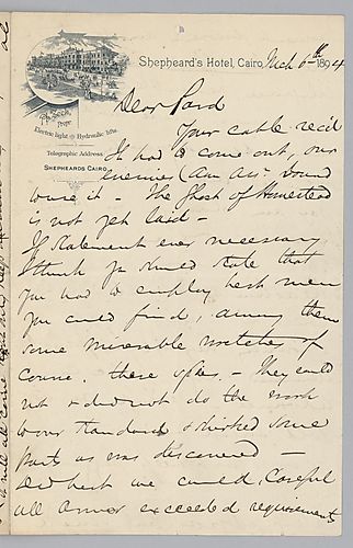 Writing from Cairo, [Egypt], Carnegie says, "the ghost of Homestead is not yet laid," believing the incident will be used against them by their enemies. Also, he discusses the purchase of two mummies for Pittsburgh museum. In his postscript, he mentions e