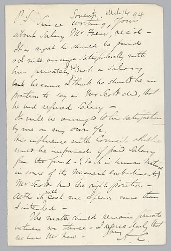 Carnegie's postscript from Andrew Carnegie to [Henry Clay Frick], March 16, 1894 from Sorrento, [Italy]. Carnegie discusses the matter of Mr. Frew's salary