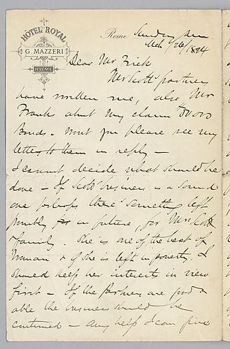 Writing from Rome, [Italy], Carnegie discusses what should be done concerning the deceased Mr. Scott's business and his wife and family