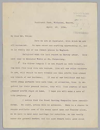Writing from Buckhurst Park, Withyham, Sussex, [England], Carnegie discusses the "Oliver Bargain," the consolidating of steel casting companies and sales during the month of March