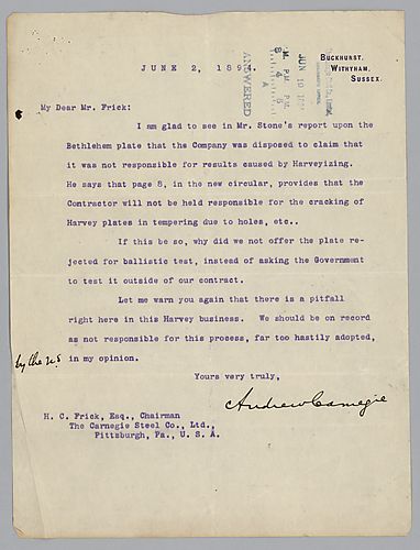 Writing from Buckhurst, Withyham, Sussex, [England], Carnegie discusses problems concerning the Harvey process for making armor