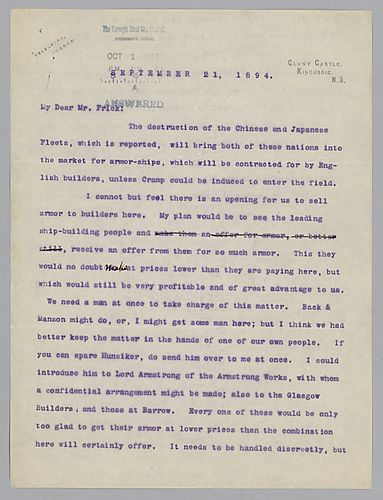 Writing from Kingussie [Scotland], Carnegie mentions the growing market for armor in England and requests Hunsiker to help make European contracts. He also writes of the Scottish weather