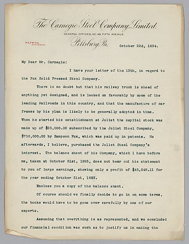 Response to Carnegie's letter from October 12, Frick advises Carnegie to invest in the Fox Solid Pressed Steel Company. [Attached Memo] SCN: A balance sheet on the proposition to invest in Fox Solid Pressed Steel Co