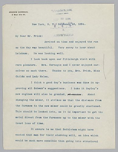 Carnegie writes from New York, [N.Y.] on his visit to Pittsburgh, the various armor contracts, and Carnegie's speculations for business during the coming winter