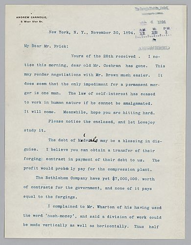 Carnegie writes from New York, [N.Y.] on dividing armor and gun forging contracts with Bethlehem Steel Company. He also writes on developing land adjacent to Homestead