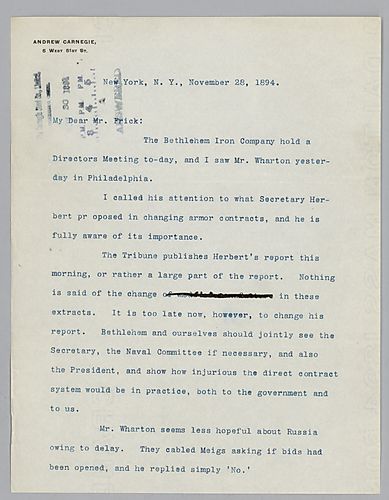 Carnegie writes from New York, [N.Y.] on United States government contract reports, potential Russian armor contracts, and changes to run "Mixer" more efficiently