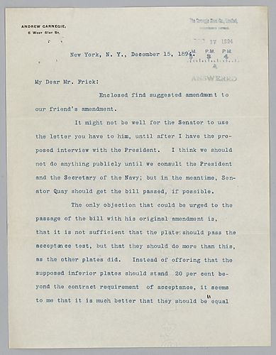 Carnegie writes from New York, [N.Y.] on the armor testing amendment and proposed request that armor be required to meet only the specifications for acceptable armor as stated in the original contract