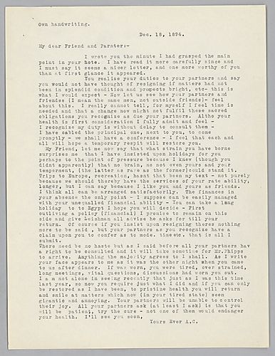 Carnegie writes from New York, [N.Y.] to give a kinder response to Frick's resignation by urging Frick to wait and see how the partners would feel about his retirement