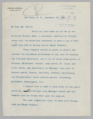 Carnegie writes on pig iron freight rates as well as the mining situation in the central west and its advantages for Pittsburgh