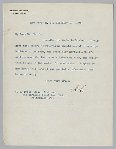 Carnegie writes from New York, [N.Y.] that he desires to take contracts from English shipbuilders