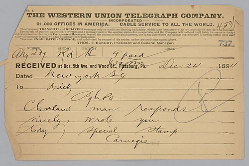 Carnegie writes from New York, [N.Y.] that his connection to President Cleveland has responded well