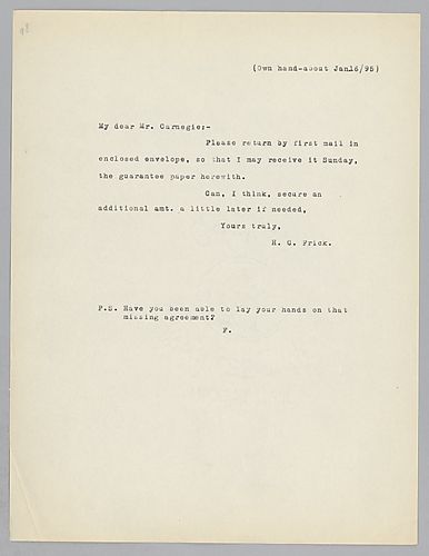 Frick writes to request that Carnegie reply by first mail so that he can receive it by Sunday