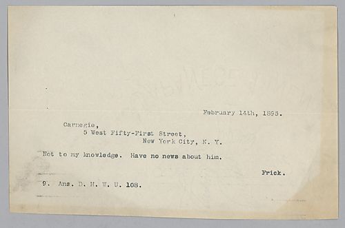 Frick writes that he has no news on President Cleveland