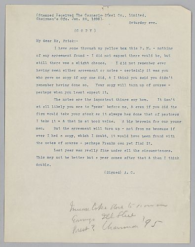 Carnegie writes of his continued inability to locate the agreement Frick had requested