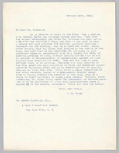 Frick writes of his meeting with Gates and Leishman over the breaking of the rail pool