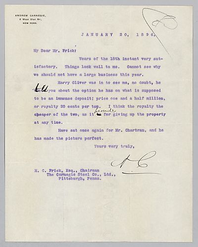 Writing from New York [N.Y.], Carnegie thinks the coke business will be strong for 1896, and mentions Harry Oliver's option on a deposit