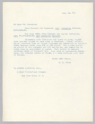 Frick writes about the coke company's new profit for December 1895 and the year of 1895, also included its shipments for January