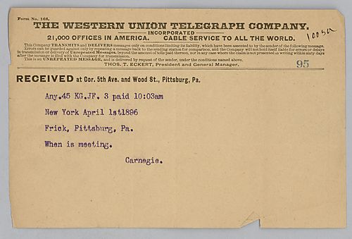 Carnegie writes from New York, [N.Y.] to ask when the meeting is