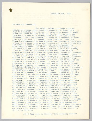 Frick writes about the proposed extension of Col. Dick's road to Bessemer and of Mr. McCrea's disagreement with it. Also, Frick mentioned Judge Reed's thoughts on the matter