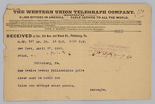 Carnegie writes from New York, [N.Y.] stating that it must be built, but other points can be arranged