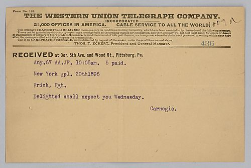 Carnegie writes from New York, [N.Y.] telling Frick that he will see him Wednesday