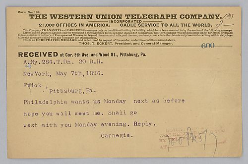 Writing from New York [N.Y.], Carnegie states that he must be in Philadelphia next Monday, and he want Frick to come with him