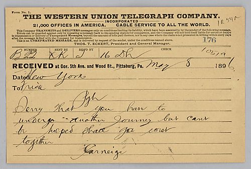 Carnegie writes from New York [N.Y.], apologizing that Frick will have to make another trip, but that he needs him