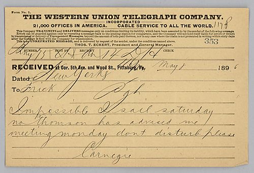 Writing from New York [N.Y.], Carnegie tells Frick that it would be impossible to reschedule due to travel plans and that Mr. Thomson has already advised him and Frick shouldn't disturb