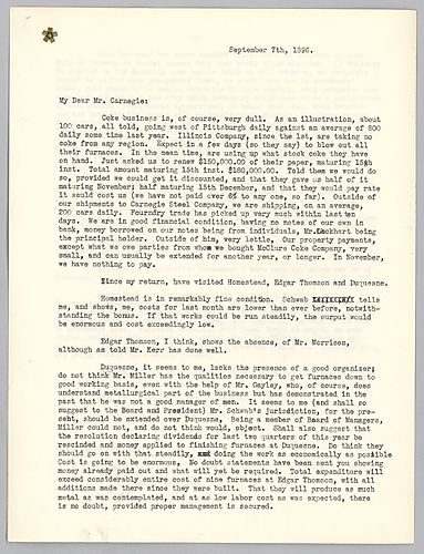 Frick writes to Carnegie on the status of Homestead, Edgar Thompson, Duquesne Works, and Lucies since he has returned. Frick thinks that the coke business is currently dull, and mentions letters by Mr. Morse