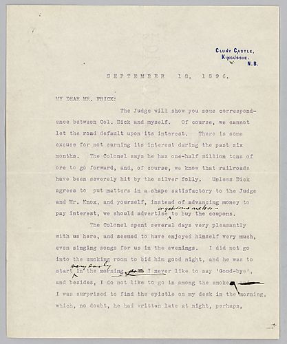 Carnegie writes from Kingussie [Scotland] on the progress of a road, Colonel Dick's stay with Carnegie, the presidential election of 1896, and consoles Frick on the Connellsville Coke business