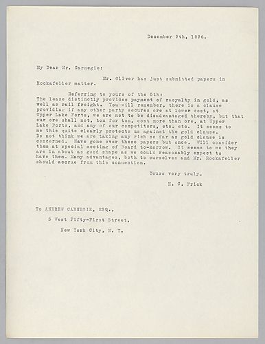 Frick writes on Mr. Oliver submitting papers on the Rockefeller business, and responds to Carnegie's December 5th letter by stating that the lease provides for royalty payments in the gold clause